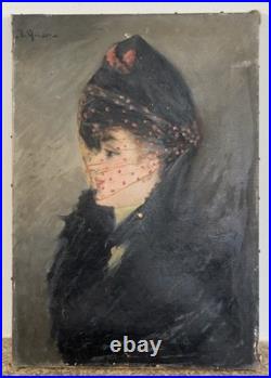 Huile sur toile élégante au voile c. 1890-1900 Belle Epoque Impressionnisme