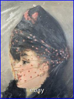 Huile sur toile élégante au voile c. 1890-1900 Belle Epoque Impressionnisme