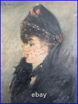 Huile sur toile élégante au voile c. 1890-1900 Belle Epoque Impressionnisme