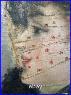 Huile sur toile élégante au voile c. 1890-1900 Belle Epoque Impressionnisme