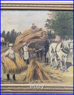 Huile sur toile encadrée 1917. E. Amelineau Femmes aux champs Moissons