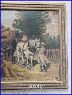Huile sur toile encadrée 1917. E. Amelineau Femmes aux champs Moissons
