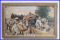 Huile sur toile encadrée 1917. E. Amelineau Femmes aux champs Moissons