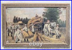 Huile sur toile encadrée 1917. E. Amelineau Femmes aux champs Moissons