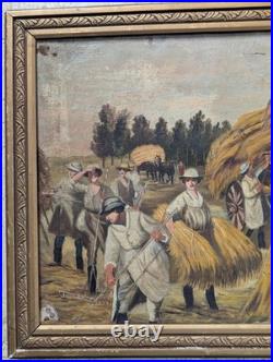 Huile sur toile encadrée 1917. E. Amelineau Femmes aux champs Moissons