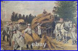 Huile sur toile encadrée 1917. E. Amelineau Femmes aux champs Moissons