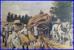 Huile sur toile encadrée 1917. E. Amelineau Femmes aux champs Moissons