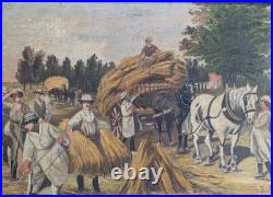 Huile sur toile encadrée 1917. E. Amelineau Femmes aux champs Moissons