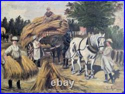 Huile sur toile encadrée 1917. E. Amelineau Femmes aux champs Moissons