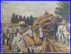 Huile sur toile encadrée 1917. E. Amelineau Femmes aux champs Moissons