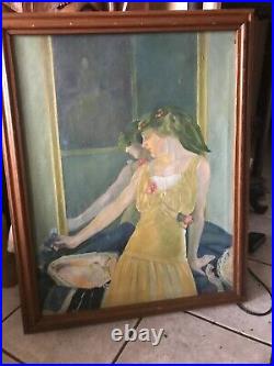 Huile sur toile femme au miroir art deco signé