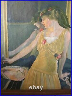 Huile sur toile femme au miroir art deco signé