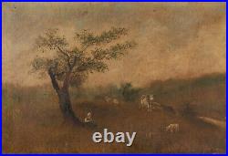 Huile sur toile par Emile Tesson bergère sous un arbre début XXe L3108