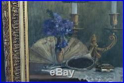 Huile sur toile peinture XIXeme nature morte lampe évantail miroir BAYOL