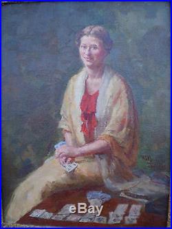 Huile sur toile portrait femme signé Willy Zeguers tireuse carte peinture paint