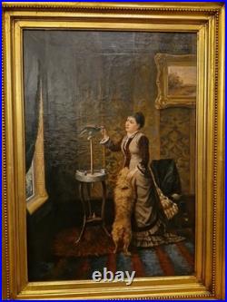 Huile sur toile scène d'intérieur femme au perroquet, Peinture