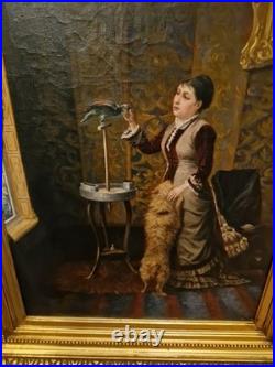 Huile sur toile scène d'intérieur femme au perroquet, Peinture