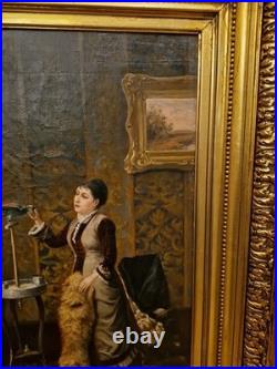 Huile sur toile scène d'intérieur femme au perroquet, Peinture