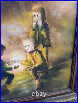 Huile sur toile signée J. L. Verrier Enfants Scène nocturne Oil Painting 73 cm