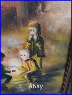 Huile sur toile signée J. L. Verrier Enfants Scène nocturne Oil Painting 73 cm