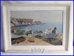 Huile sur toile signée S. MATTES, 1930, vue du Sud Méditerranée bateau calanque