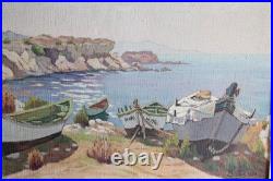 Huile sur toile signée S. MATTES, 1930, vue du Sud Méditerranée bateau calanque