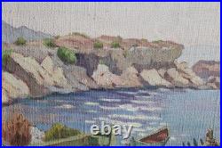 Huile sur toile signée S. MATTES, 1930, vue du Sud Méditerranée bateau calanque