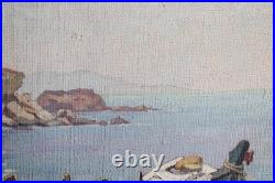 Huile sur toile signée S. MATTES, 1930, vue du Sud Méditerranée bateau calanque