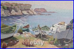 Huile sur toile signée S. MATTES, 1930, vue du Sud Méditerranée bateau calanque