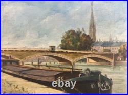 Huile sur toile signée vue présumée de la Seine à Rouen Normandie