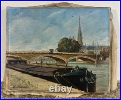 Huile sur toile signée vue présumée de la Seine à Rouen Normandie