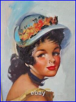 Idéale déco, Huile sur toile signée Charmante jeune fille au chapeau 40x50 cm