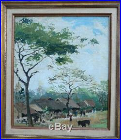 Indochine 1950. Beau Paysage De Village Animé. Vietnam- Laos- Cambodge. Signé