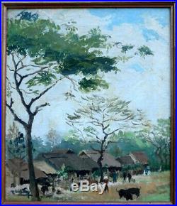 Indochine 1950. Beau Paysage De Village Animé. Vietnam- Laos- Cambodge. Signé