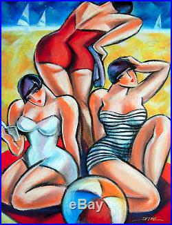 JZ Art Déco- Demoiselles à la mer -Tableau original Peinture mixte sur toile
