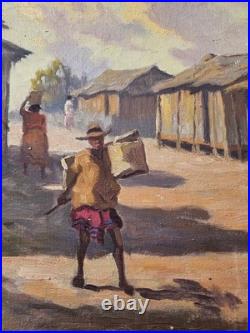Jean Rambinintsoa (1899-1986) Village Anime Tableau Malgache Madagascar HST