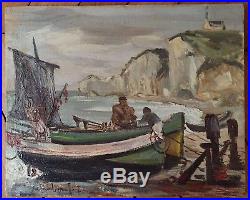 Jeff Friboulet huile sur toile signée Yport Normandie Pêcheurs Mer Etretat