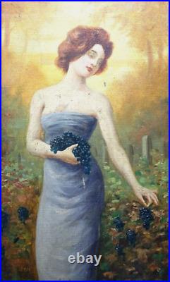 Jeune femme au jardin cueillette de raisin tableau huile sur toile 19 éme