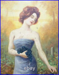 Jeune femme au jardin cueillette de raisin tableau huile sur toile 19 éme