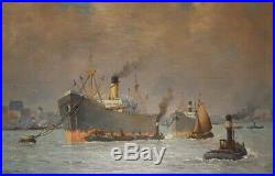 Johann ROCKX tableau marine du port de Rotterdam peinture huile navires cargos
