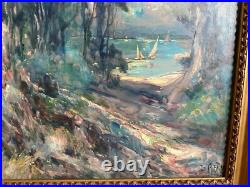 Jules IZIER 1932 Huile sur toile Voiliers en bord de mer 80x54,5 cadre d'époque