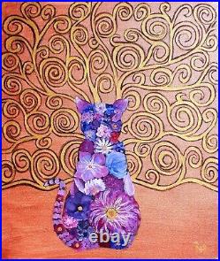 KLIMT Inspiration Le CHAT FLEUR Peinture Sur Toile 48x36 Signée REY