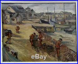 La Bretagne Des Peintres. Intéressant Tableau 1950. Le Port De Pêche Animé