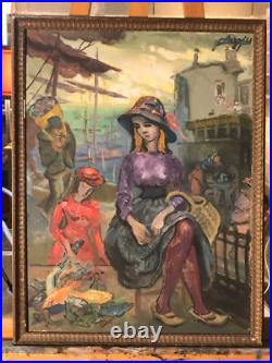 La Marchande de poissons Huile sur Toile 61X46cm 12P Signée Auguste Clergé 1961