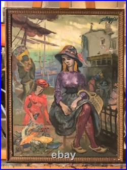 La Marchande de poissons Huile sur Toile 61X46cm 12P Signée Auguste Clergé 1961