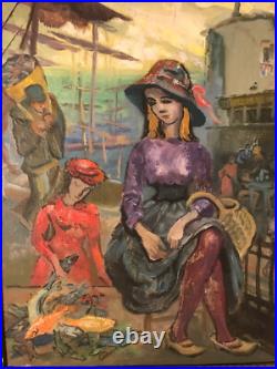 La Marchande de poissons Huile sur Toile 61X46cm 12P Signée Auguste Clergé 1961
