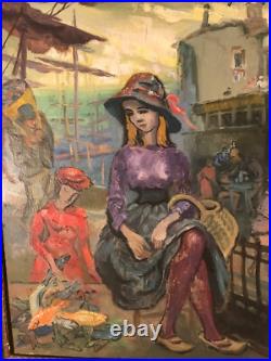 La Marchande de poissons Huile sur Toile 61X46cm 12P Signée Auguste Clergé 1961