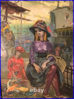 La Marchande de poissons Huile sur Toile 61X46cm 12P Signée Auguste Clergé 1961
