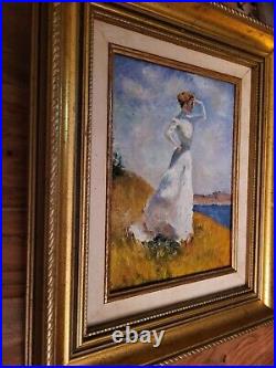 La robe blanche, Ravissante huile sur toile encadrée / XXème / 32 x 39 cm