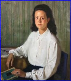 Leonide Frechkop Peinture Originale Tableau Portrait 1947 Femme École Russe